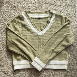 SHEIN Olive and White V-Neck Sweater